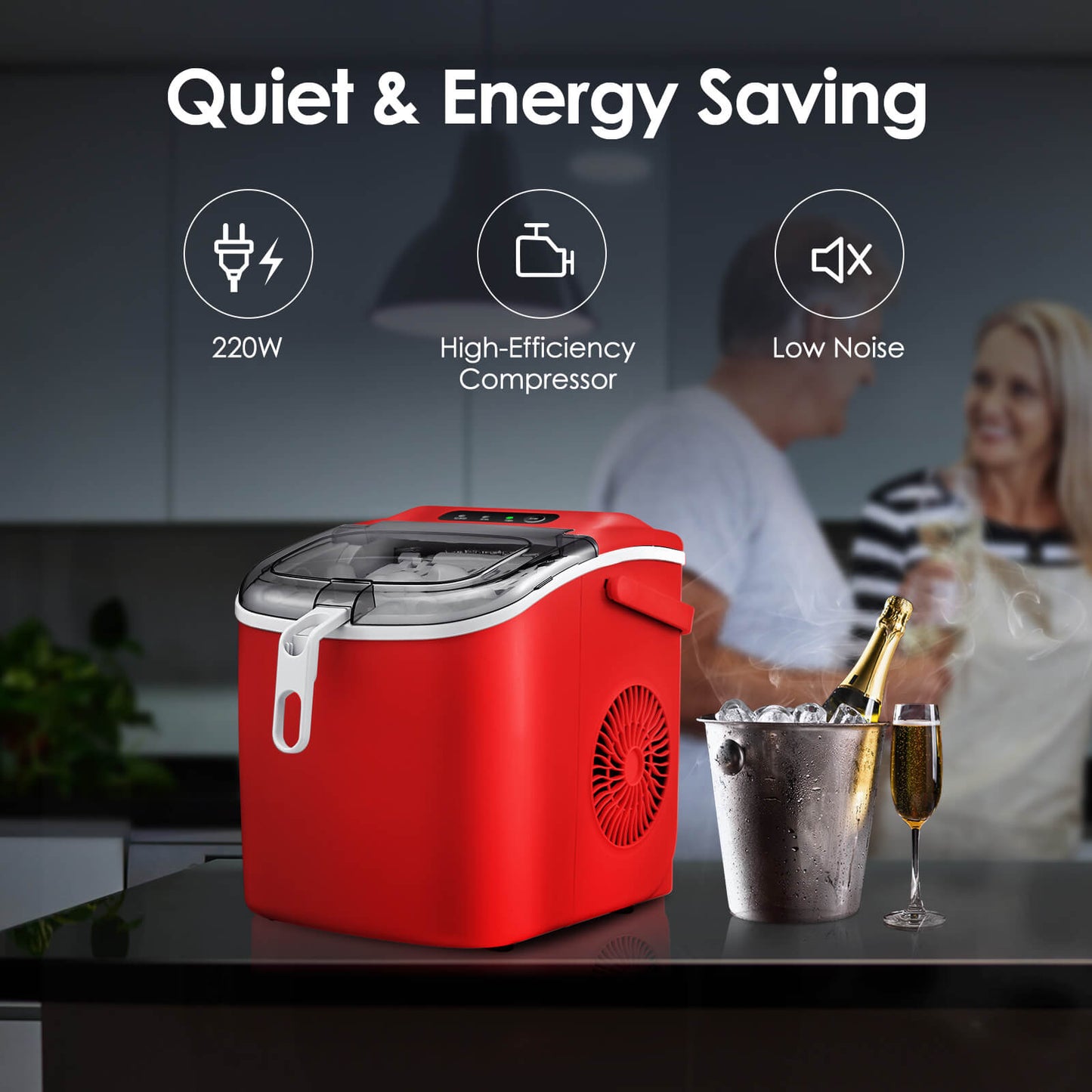 Efficient Portable Countertop Ice Maker with Handle, Rapid Bullet Ice, Self-Cleaning