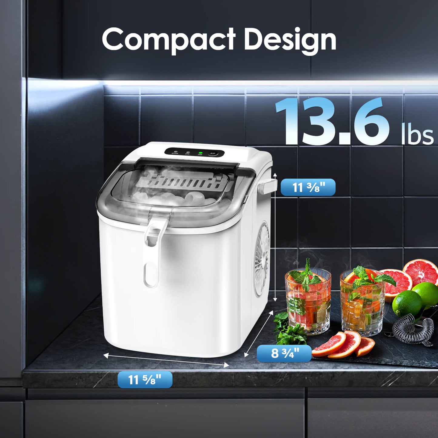 Efficient Portable Countertop Ice Maker with Handle, Rapid Bullet Ice, Self-Cleaning