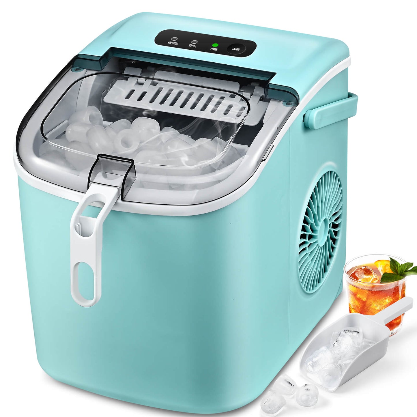 Efficient Portable Countertop Ice Maker with Handle, Rapid Bullet Ice, Self-Cleaning