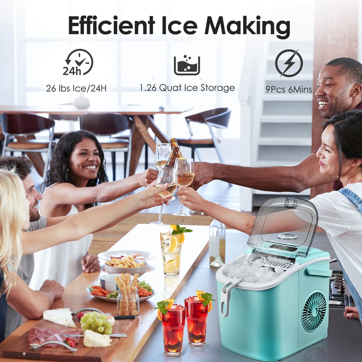 Efficient Portable Countertop Ice Maker with Handle, Rapid Bullet Ice, Self-Cleaning