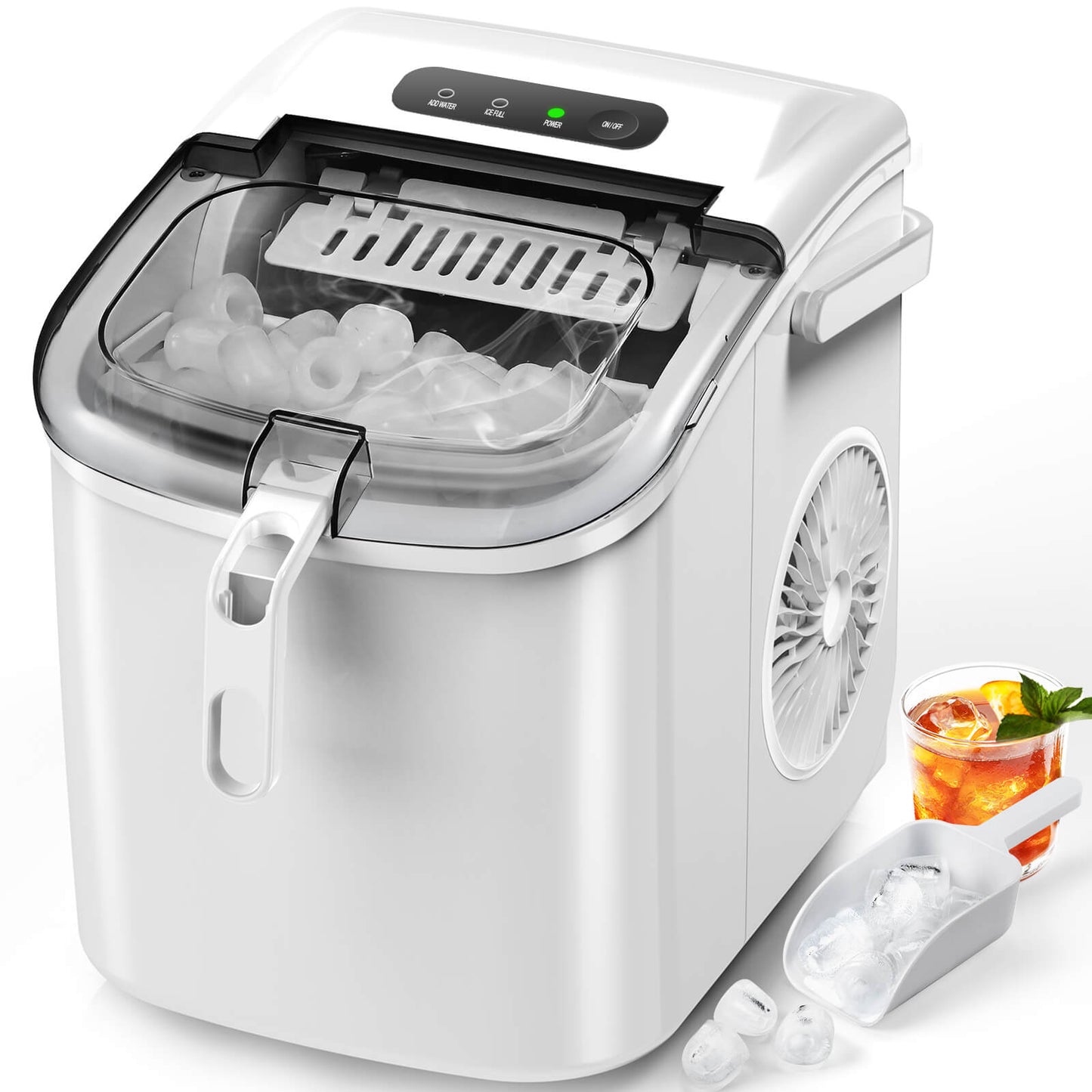 Efficient Portable Countertop Ice Maker with Handle, Rapid Bullet Ice, Self-Cleaning