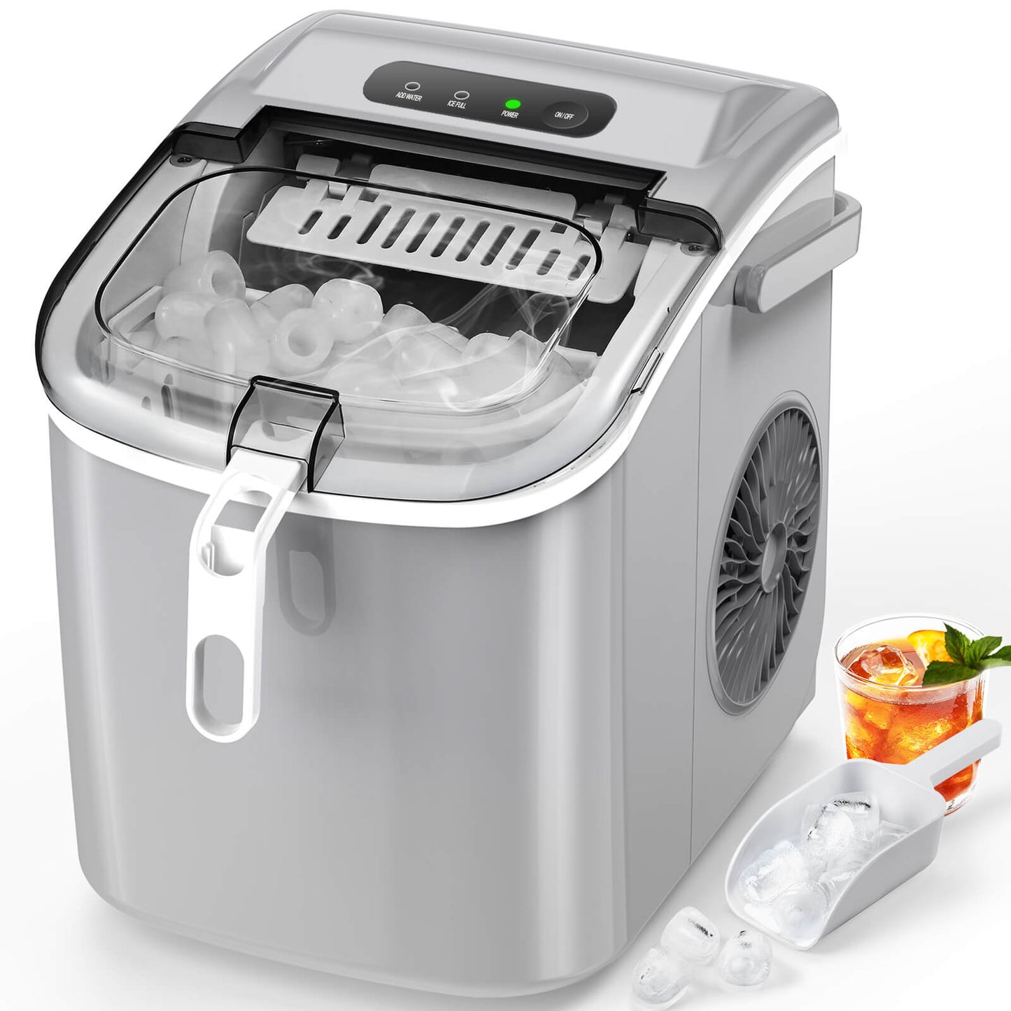 Efficient Portable Countertop Ice Maker with Handle, Rapid Bullet Ice, Self-Cleaning