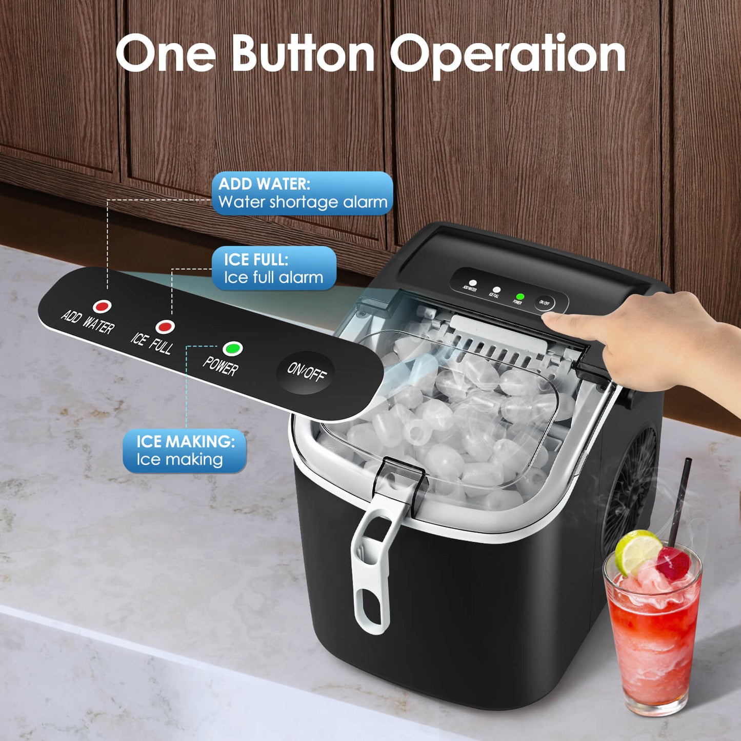 Efficient Portable Countertop Ice Maker with Handle, Rapid Bullet Ice, Self-Cleaning