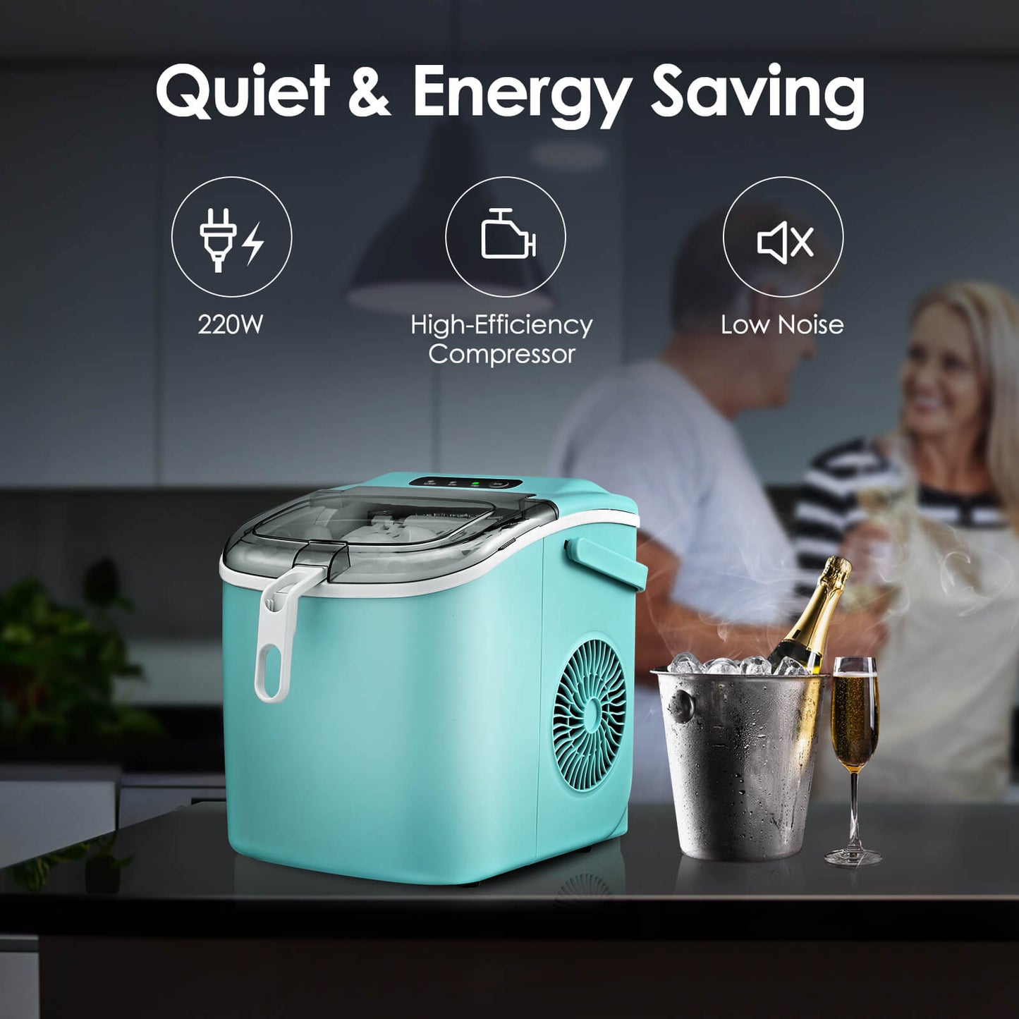 Efficient Portable Countertop Ice Maker with Handle, Rapid Bullet Ice, Self-Cleaning