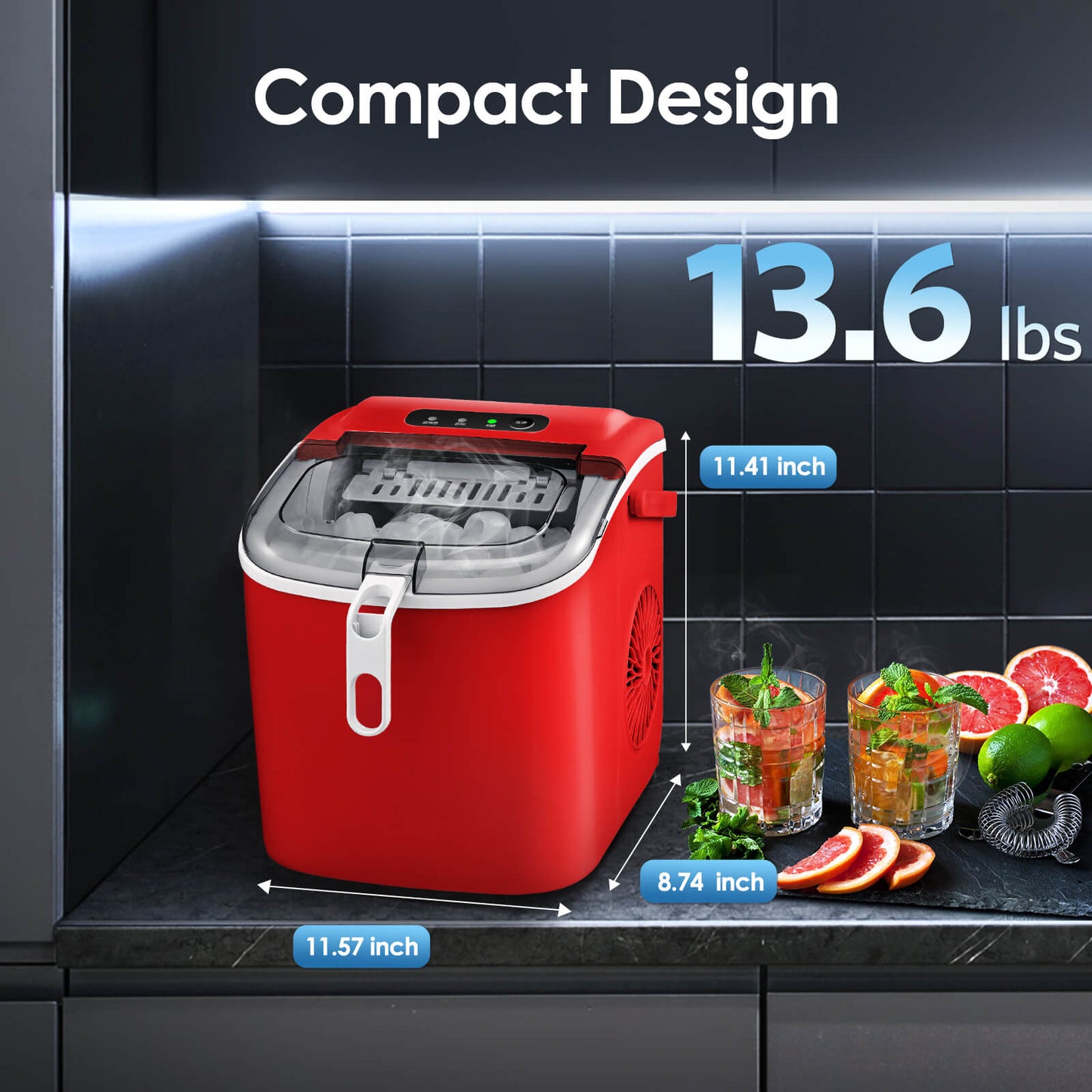 Efficient Portable Countertop Ice Maker with Handle, Rapid Bullet Ice, Self-Cleaning