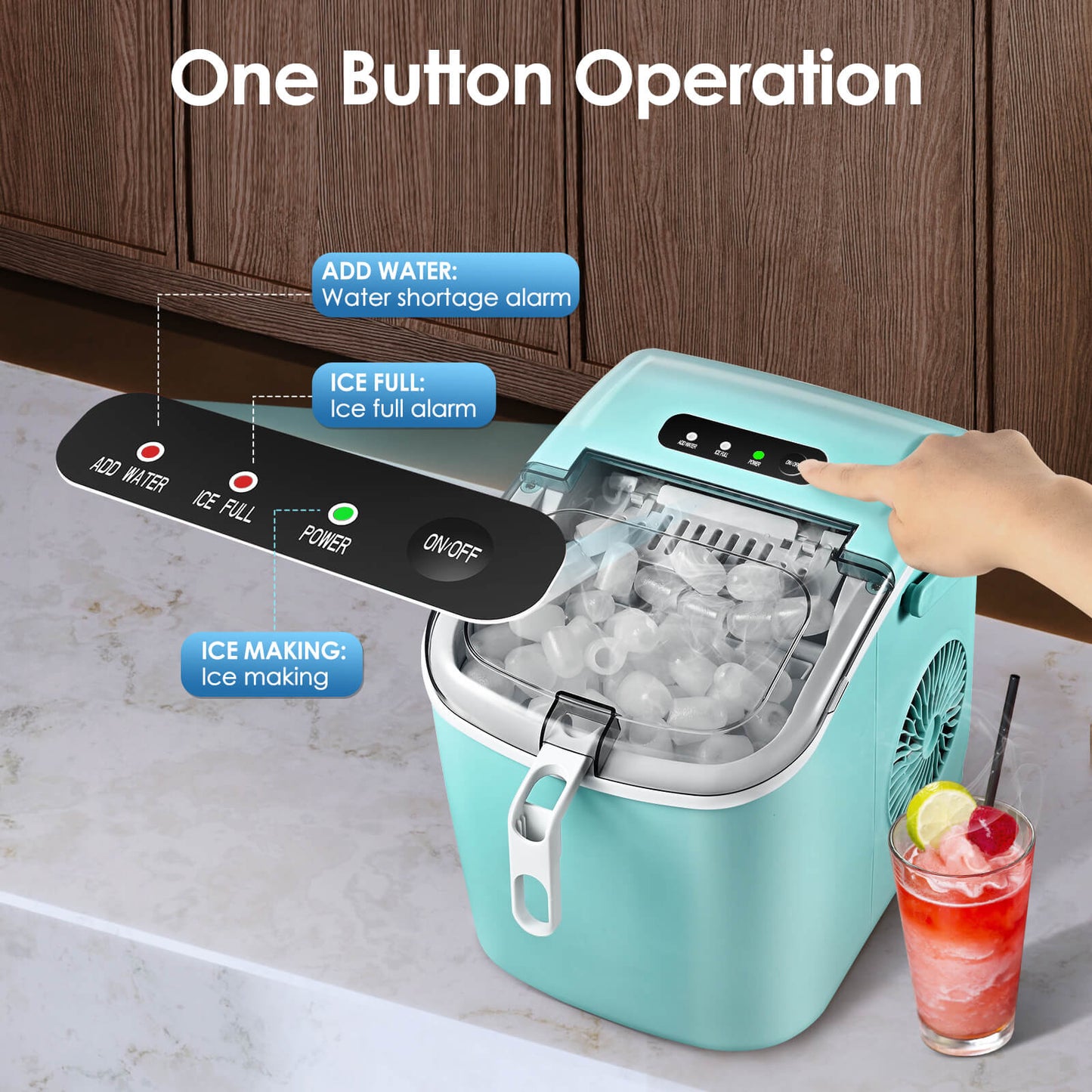 Efficient Portable Countertop Ice Maker with Handle, Rapid Bullet Ice, Self-Cleaning