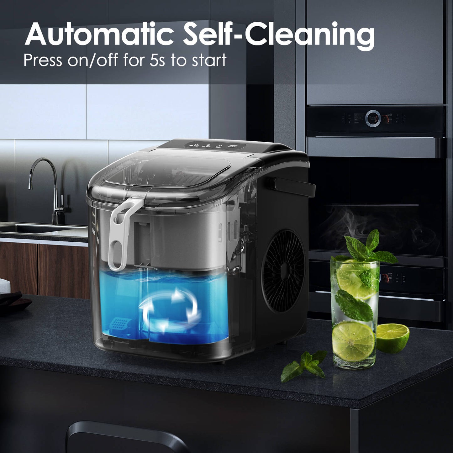 Efficient Portable Countertop Ice Maker with Handle, Rapid Bullet Ice, Self-Cleaning