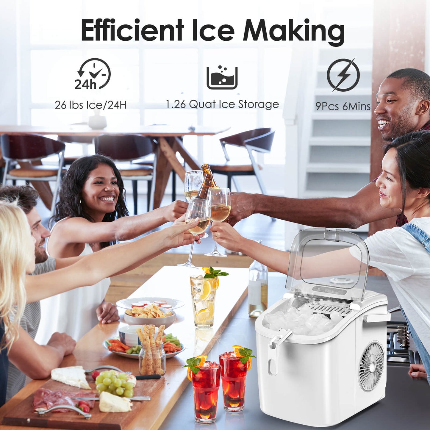 Efficient Portable Countertop Ice Maker with Handle, Rapid Bullet Ice, Self-Cleaning