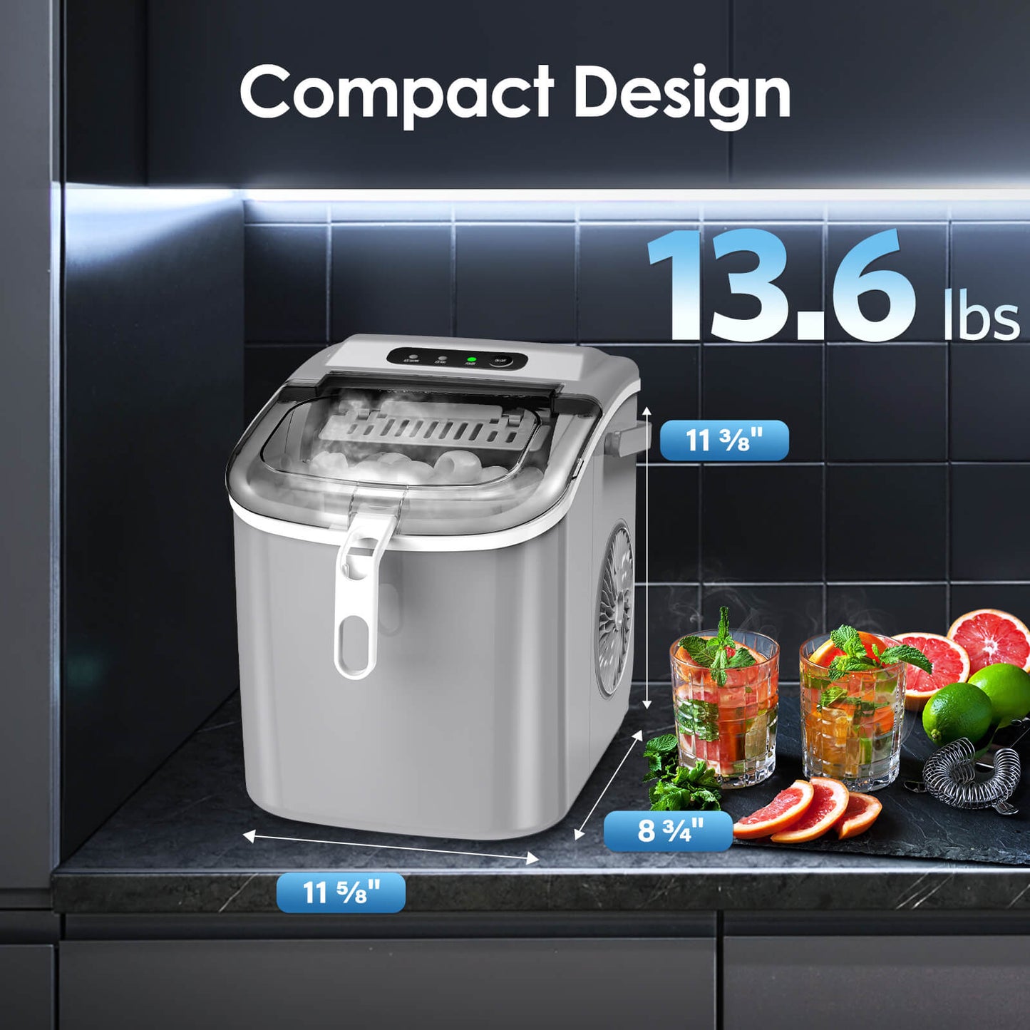 Efficient Portable Countertop Ice Maker with Handle, Rapid Bullet Ice, Self-Cleaning