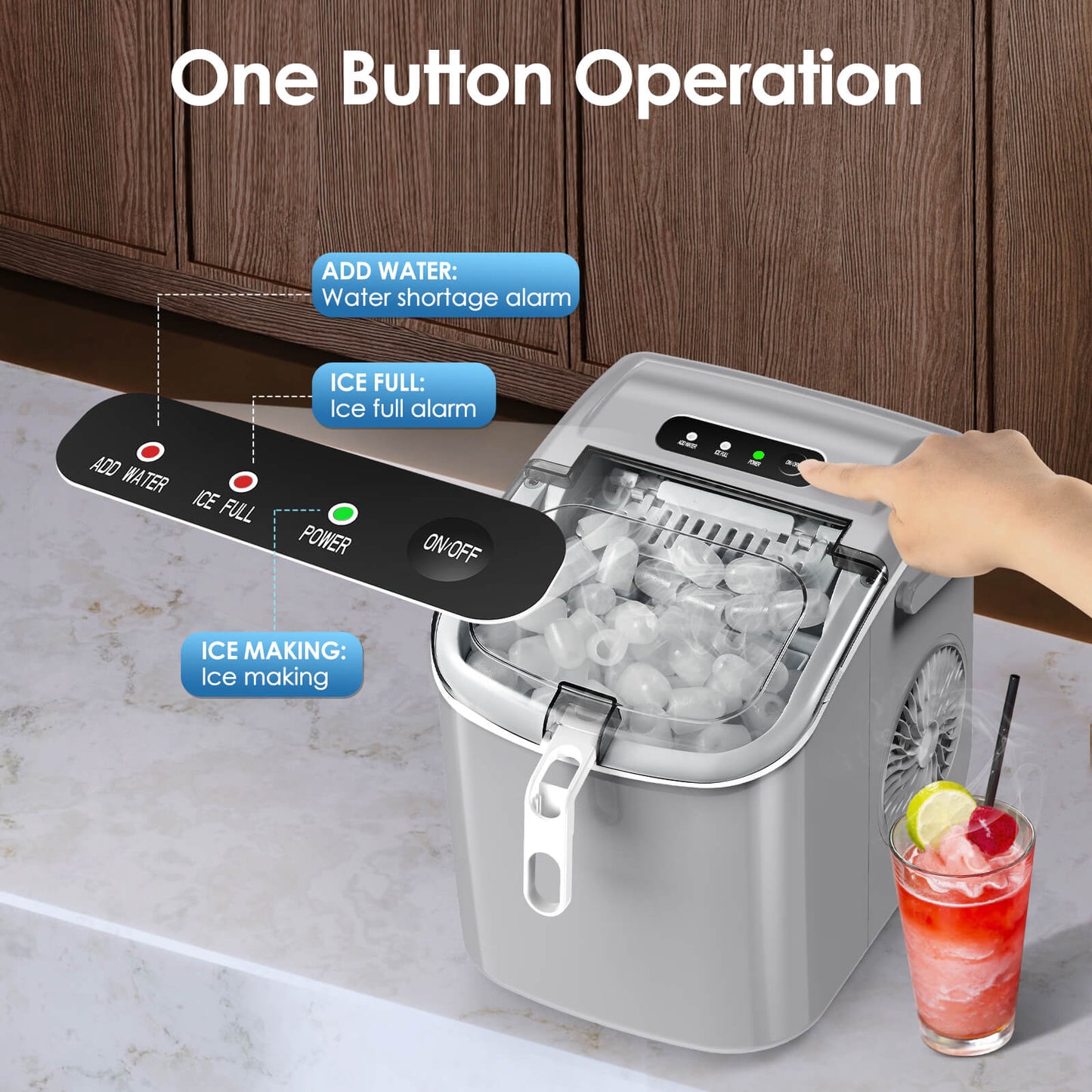 Efficient Portable Countertop Ice Maker with Handle, Rapid Bullet Ice, Self-Cleaning