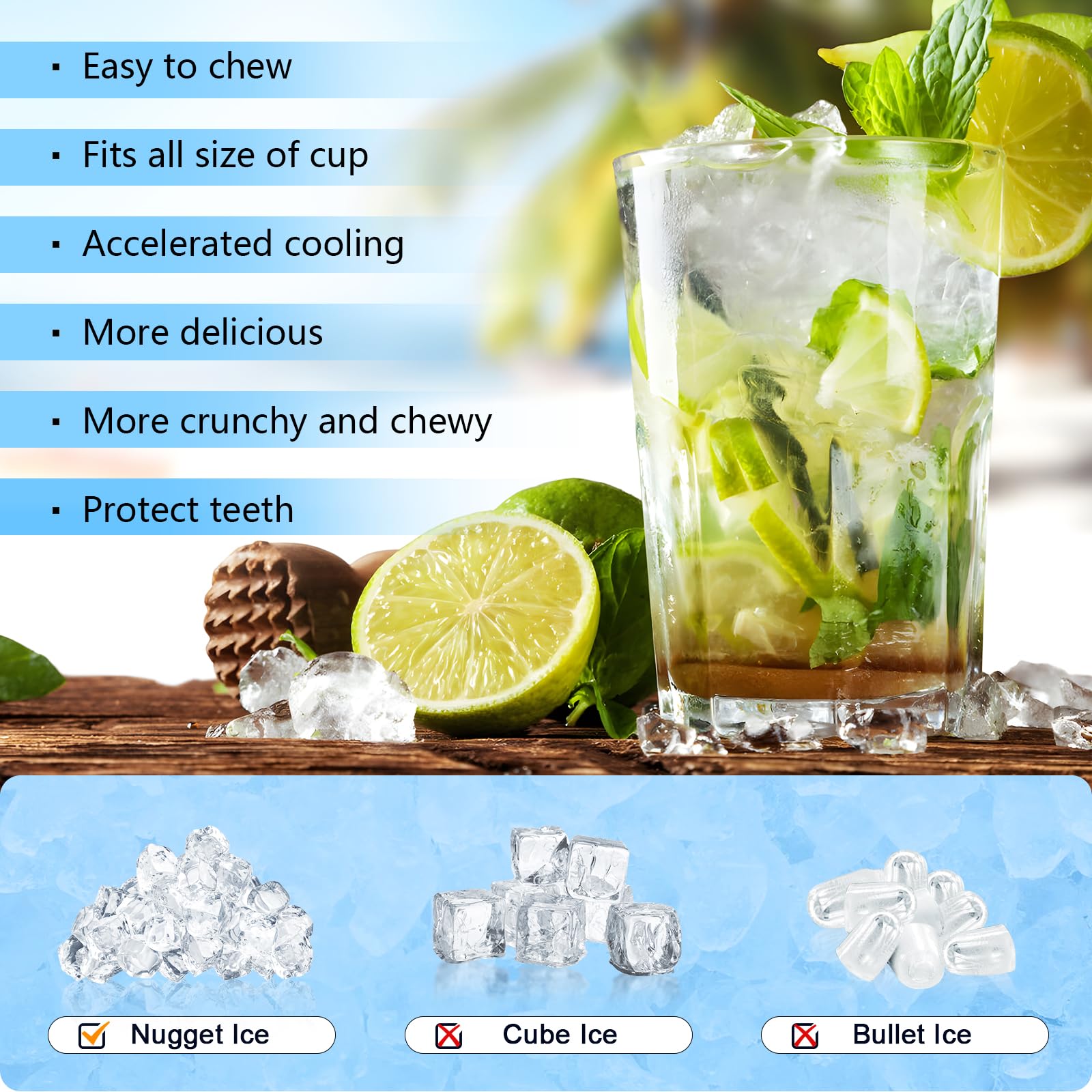 Compact Countertop Nugget Ice Maker, Fast Soft Chewable Pellet Ice Machine