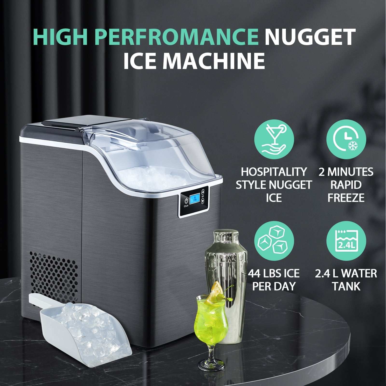 High-Capacity Countertop Nugget Ice Maker: 44lb Daily, Chewable Ice, Self-Cleaning