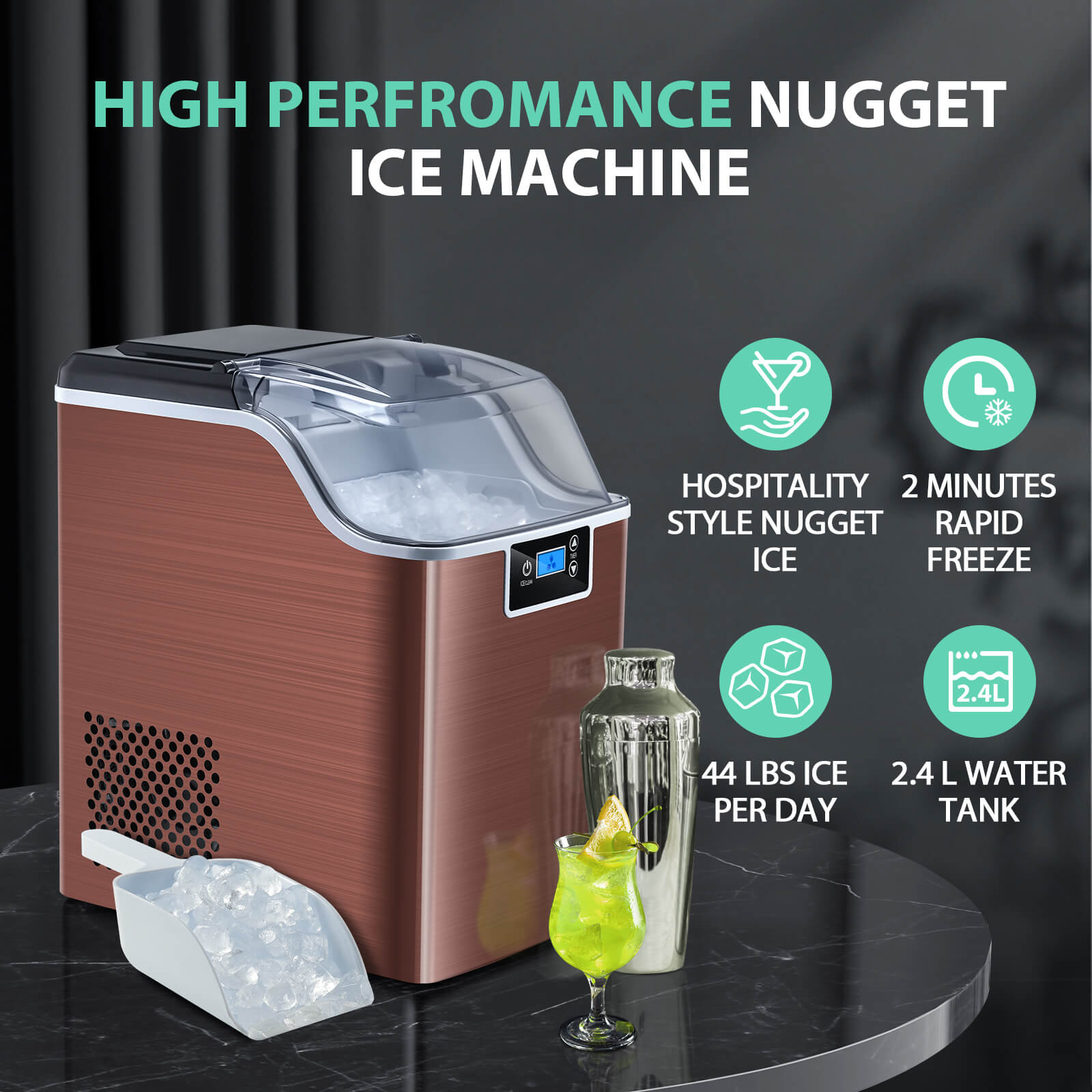 High-Capacity Countertop Nugget Ice Maker: 44lb Daily, Chewable Ice, Self-Cleaning