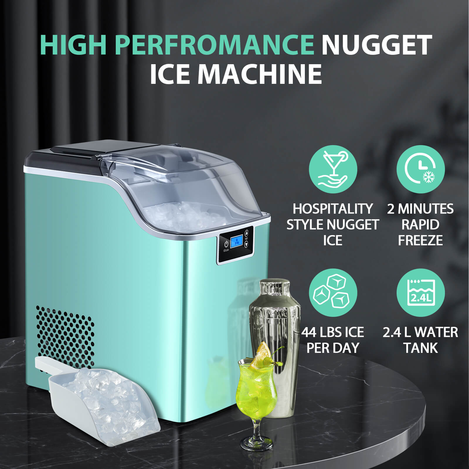 High-Capacity Countertop Nugget Ice Maker: 44lb Daily, Chewable Ice, Self-Cleaning