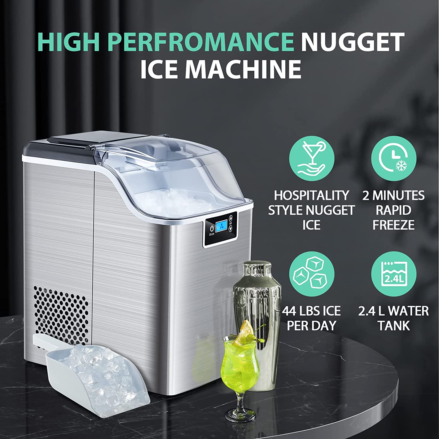 High-Capacity Countertop Nugget Ice Maker: 44lb Daily, Chewable Ice, Self-Cleaning