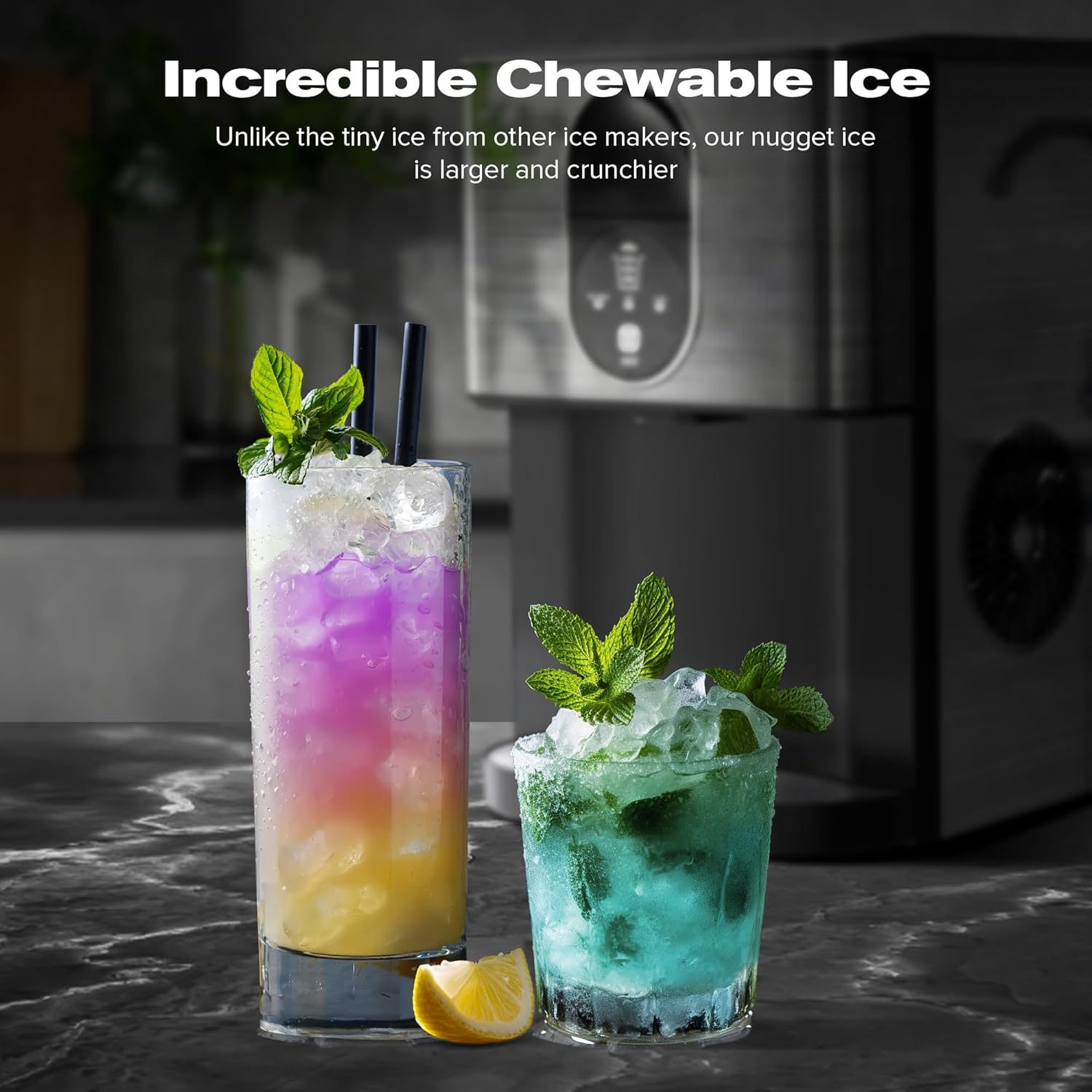 Countertop Nugget Ice Maker, Pebble Ice Machine, Self-Cleaning, 45 lbs Daily Production