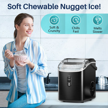 Compact Countertop Nugget Ice Maker, Portable Pebble Ice Machine, Soft Chewable Ice