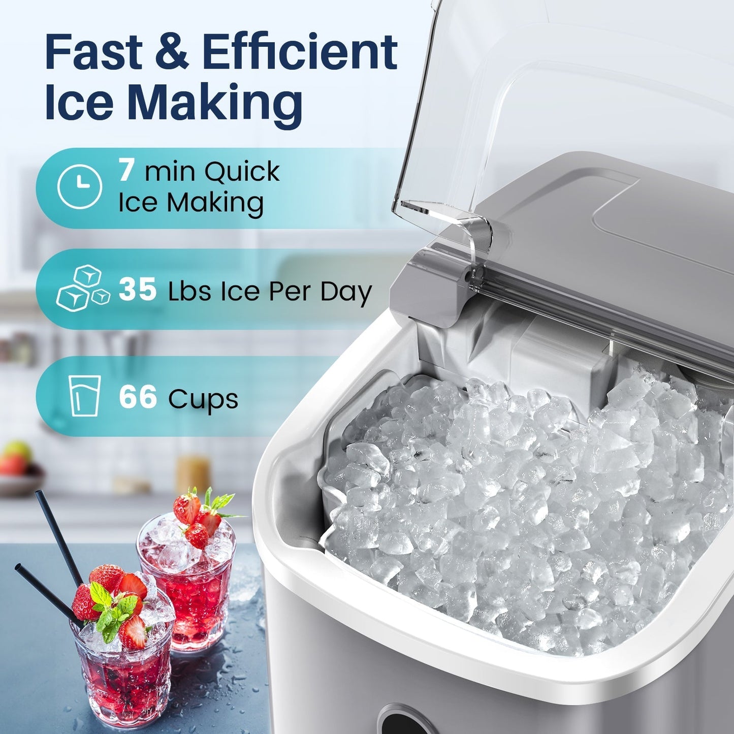 Compact Countertop Nugget Ice Maker, Portable Pebble Ice Machine, Soft Chewable Ice