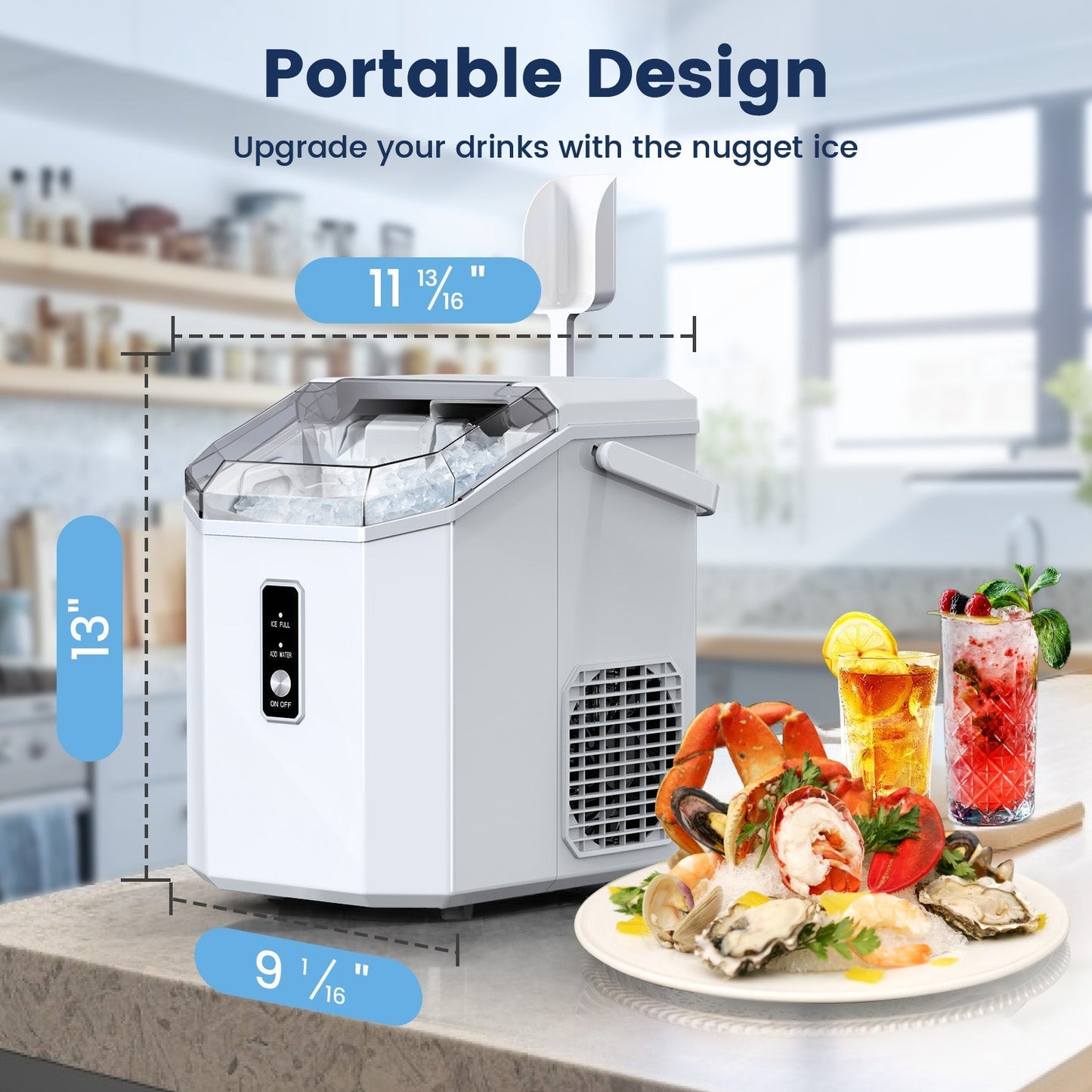 Countertop Nugget Pebble Ice Machine: Fast Production, Soft Chewy Ice, Self-Cleaning