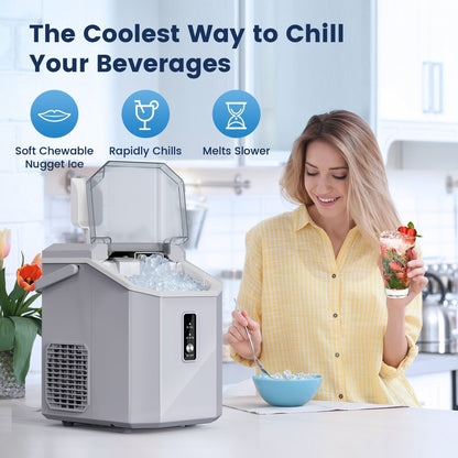 Countertop Nugget Pebble Ice Machine: Fast Production, Soft Chewy Ice, Self-Cleaning