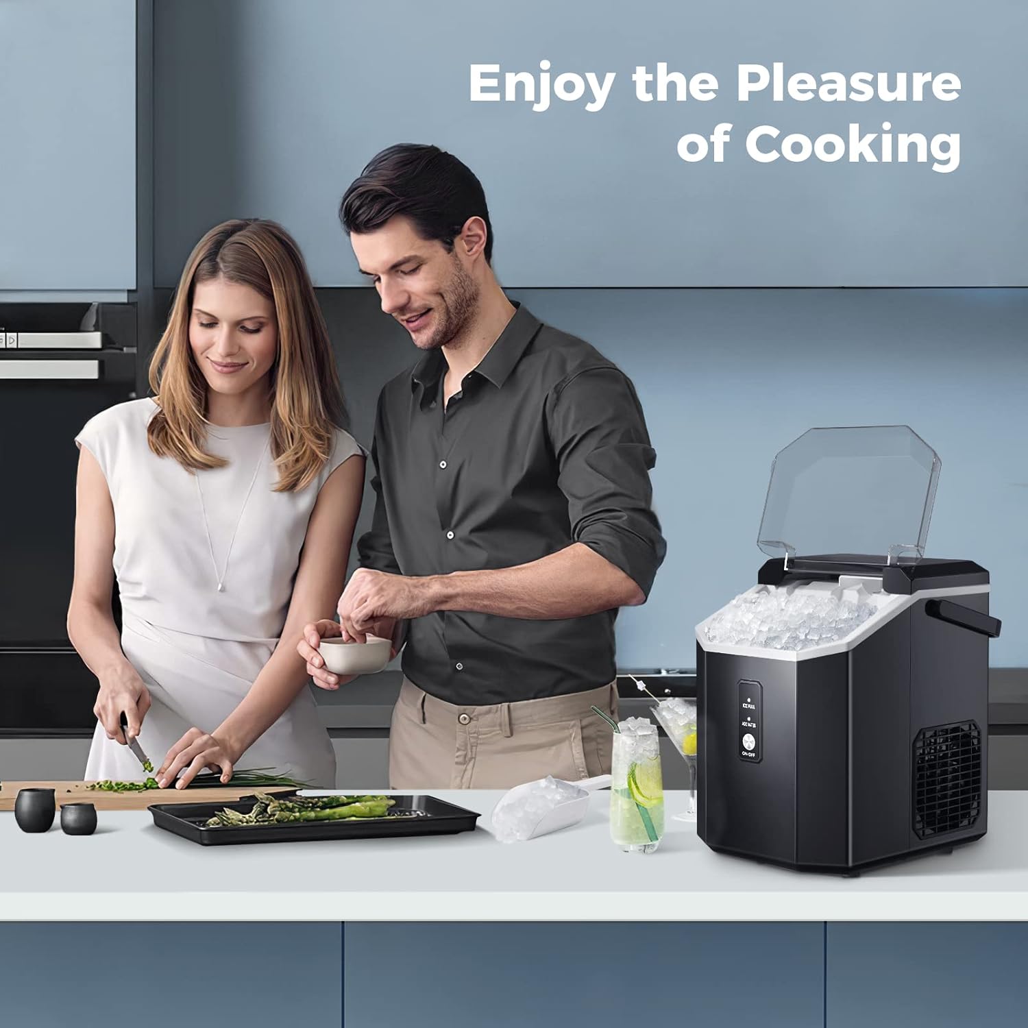 Countertop Nugget Pebble Ice Machine: Fast Production, Soft Chewy Ice, Self-Cleaning