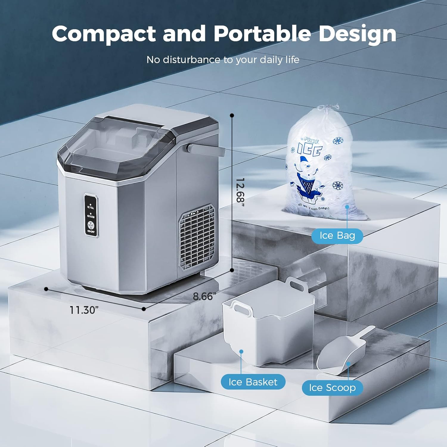 Countertop Nugget Pebble Ice Machine: Fast Production, Soft Chewy Ice, Self-Cleaning