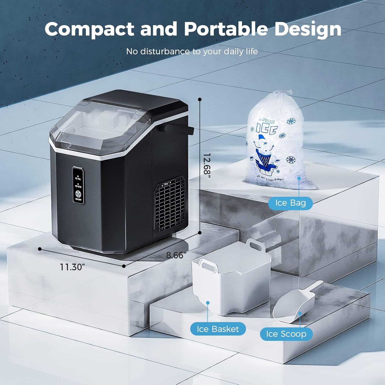 Countertop Nugget Pebble Ice Machine: Fast Production, Soft Chewy Ice, Self-Cleaning