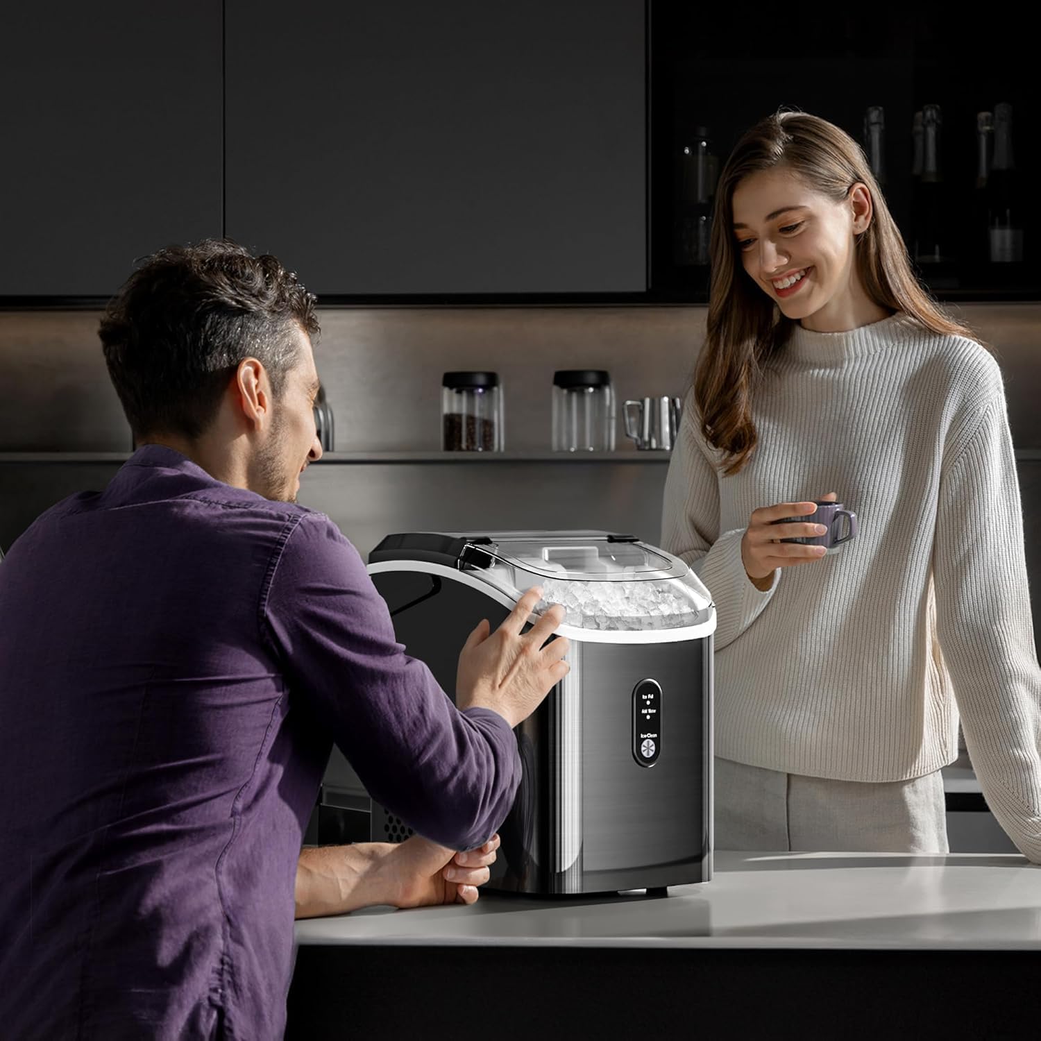 Compact Stainless Steel Nugget Ice Maker, Fast 33lb Daily Production, Self-Cleaning