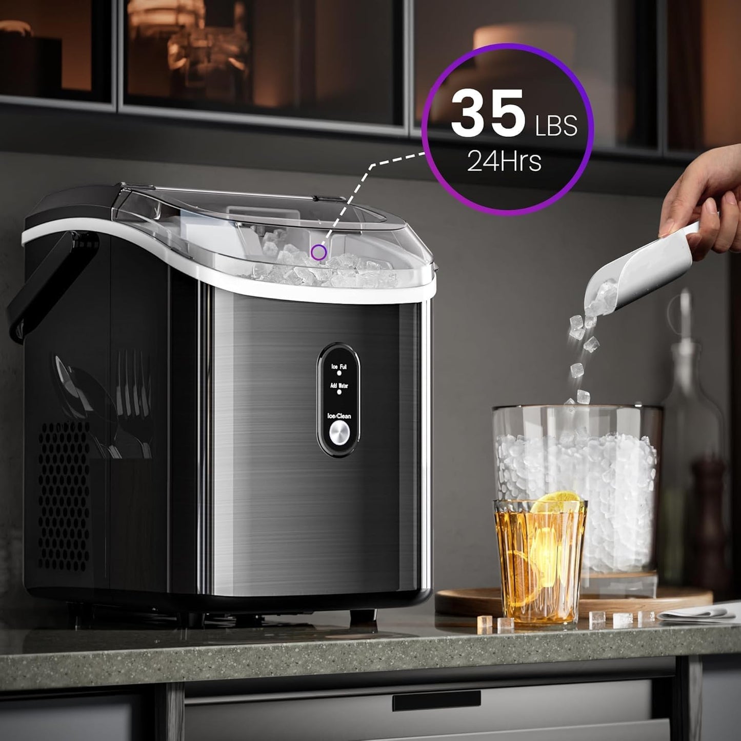Compact Stainless Steel Nugget Ice Maker, Fast 33lb Daily Production, Self-Cleaning
