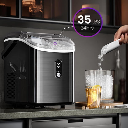 Compact Stainless Steel Nugget Ice Maker, Fast 33lb Daily Production, Self-Cleaning