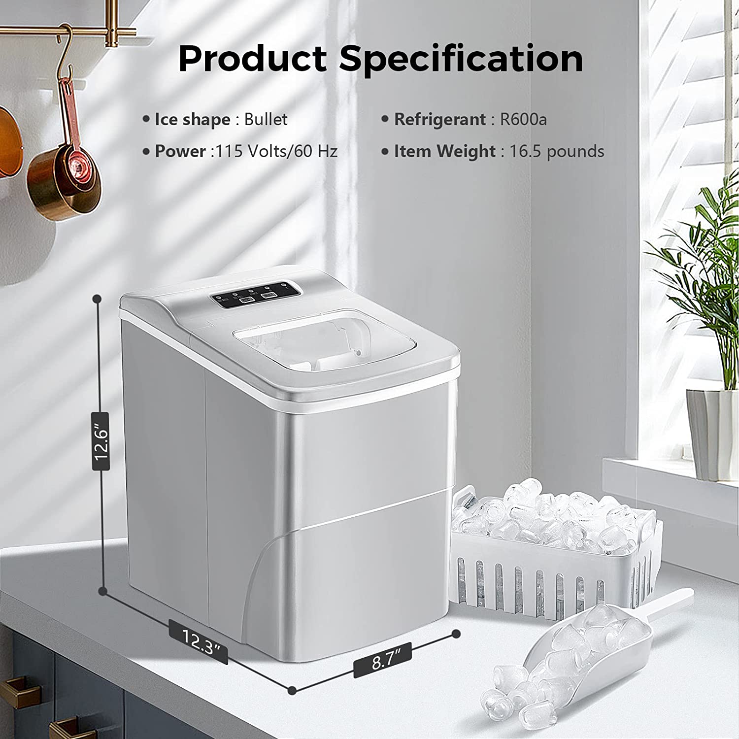 Rapid Portable Countertop Ice Maker Machine: Fast, Quiet, Bullet Ice Production
