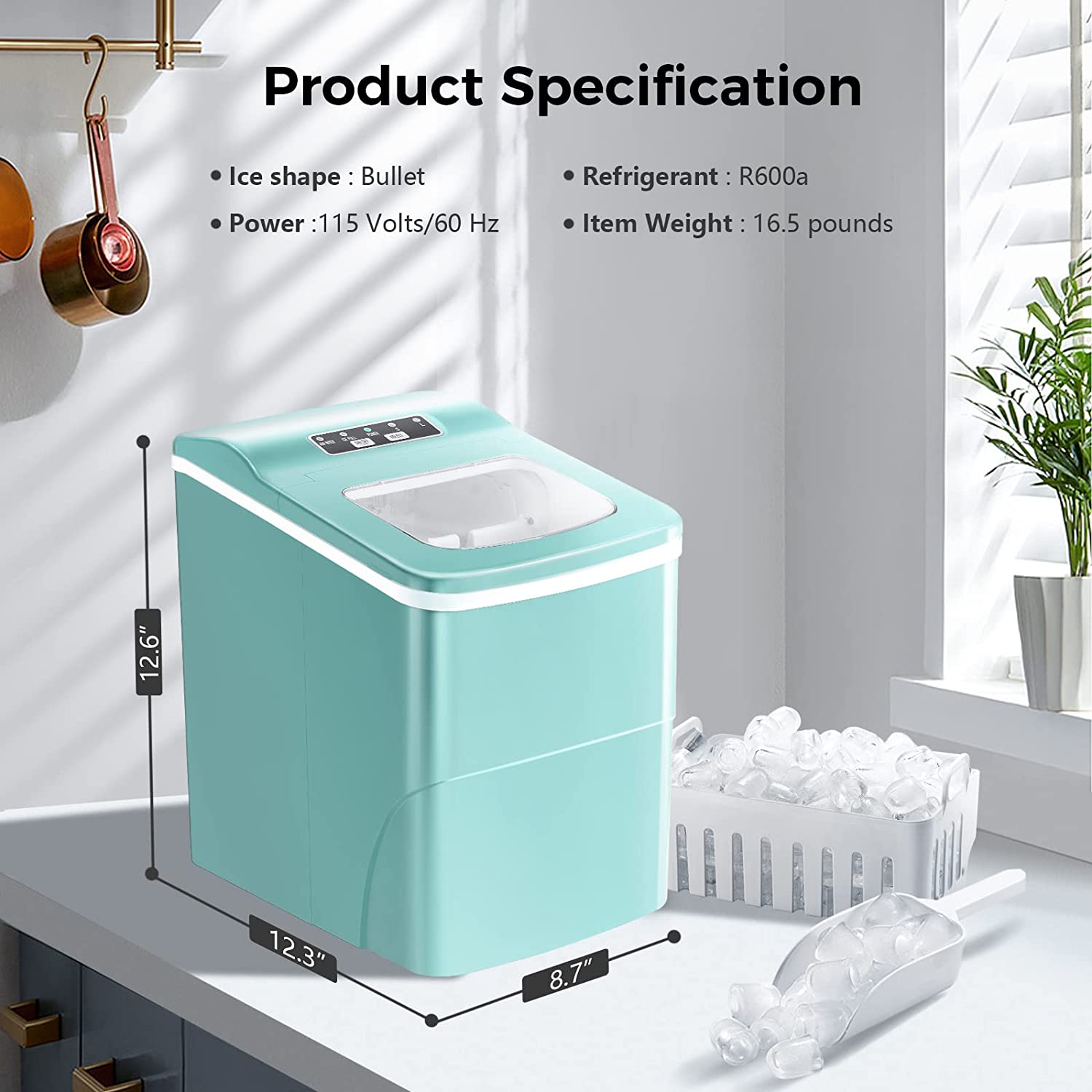 Rapid Portable Countertop Ice Maker Machine: Fast, Quiet, Bullet Ice Production