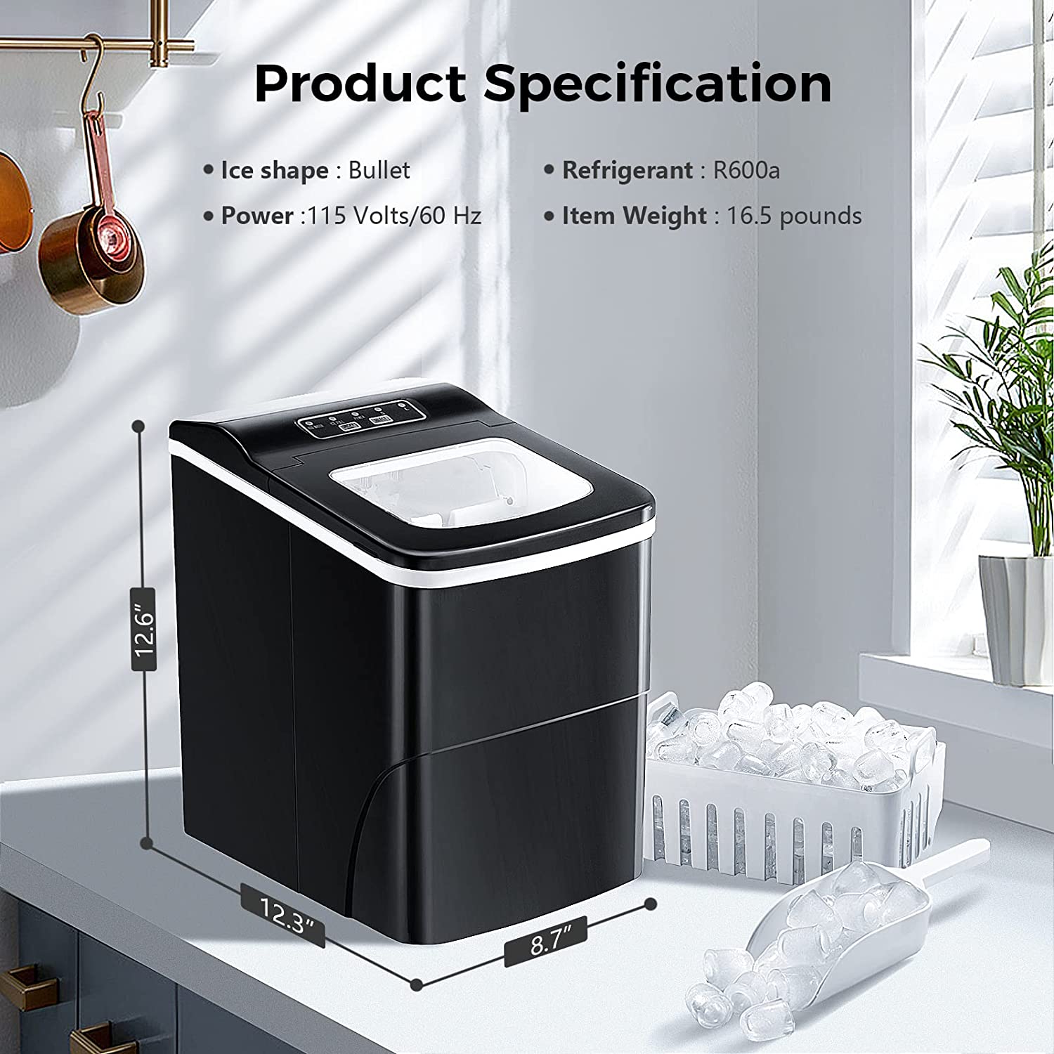 Rapid Portable Countertop Ice Maker Machine: Fast, Quiet, Bullet Ice Production