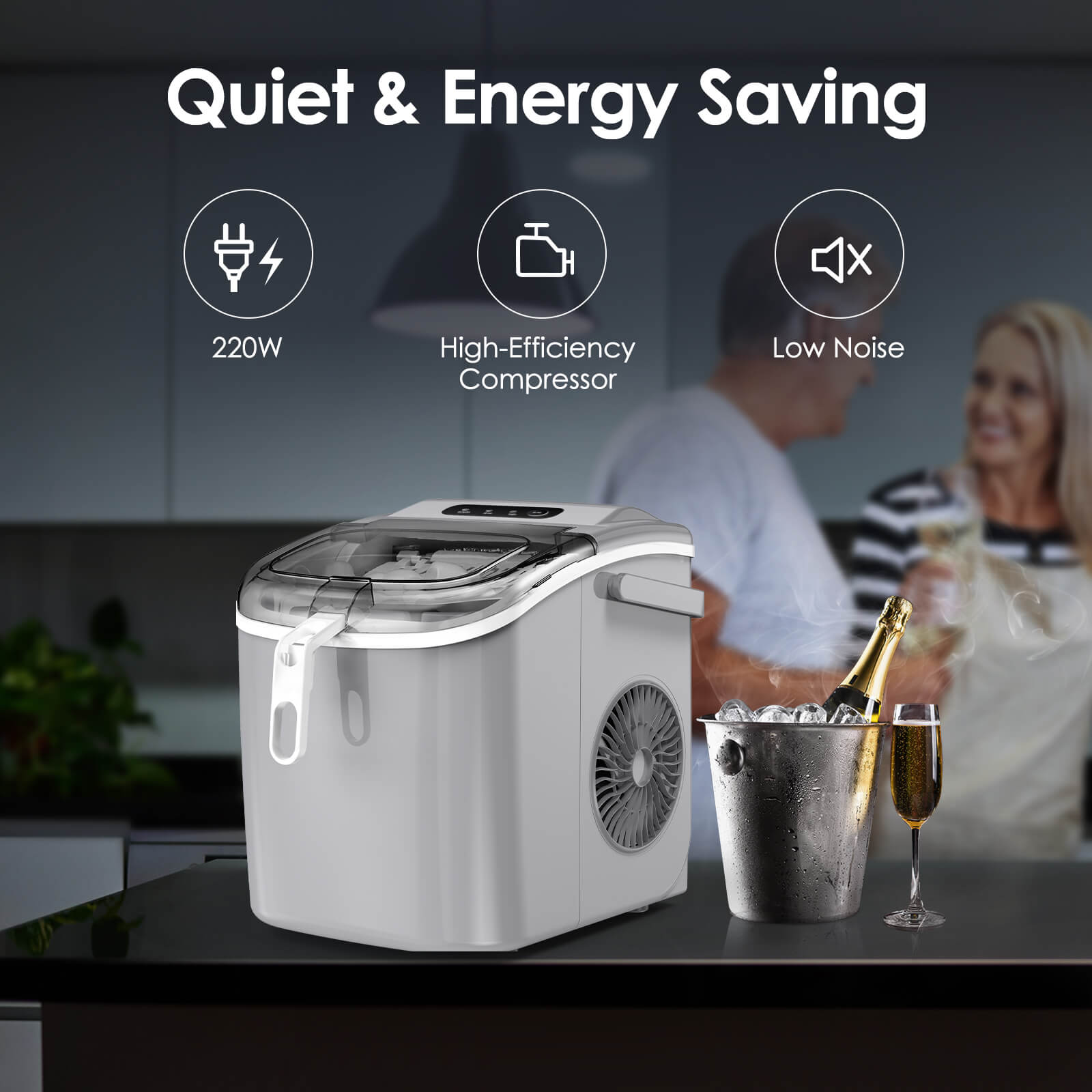 Efficient Portable Countertop Ice Maker with Handle, Rapid Bullet Ice, Self-Cleaning