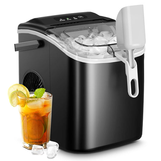 Efficient Portable Countertop Ice Maker with Handle, Rapid Bullet Ice, Self-Cleaning