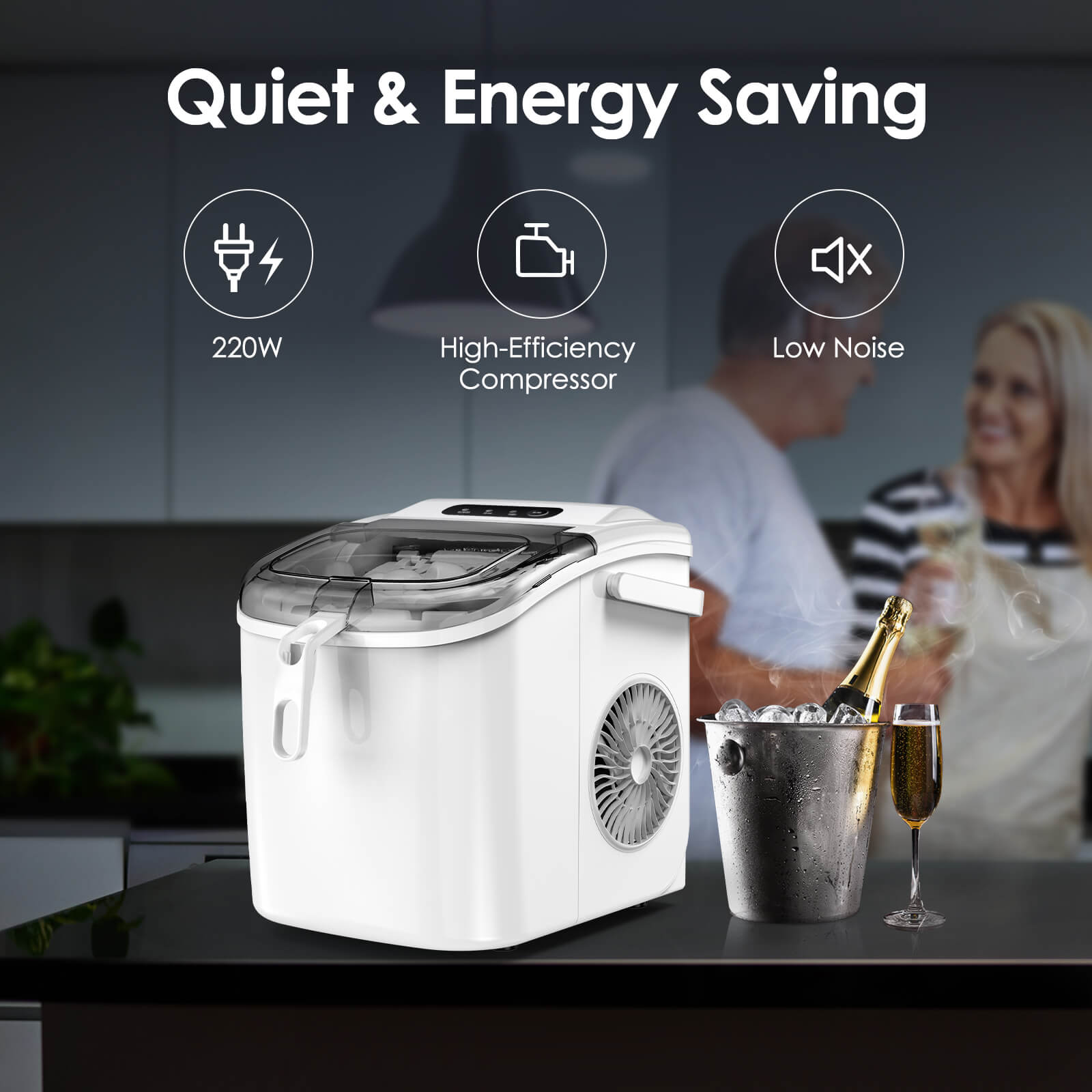 Efficient Portable Countertop Ice Maker with Handle, Rapid Bullet Ice, Self-Cleaning