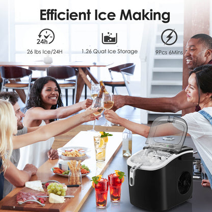 Efficient Portable Countertop Ice Maker with Handle, Rapid Bullet Ice, Self-Cleaning