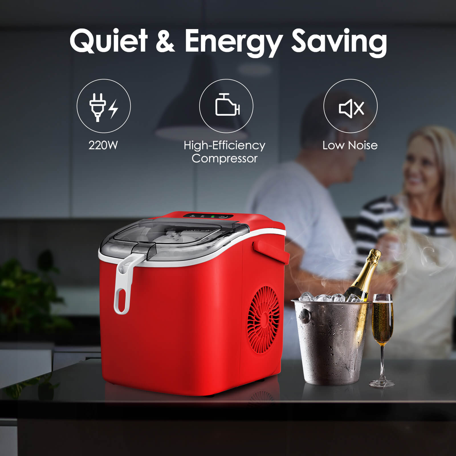 Efficient Portable Countertop Ice Maker with Handle, Rapid Bullet Ice, Self-Cleaning
