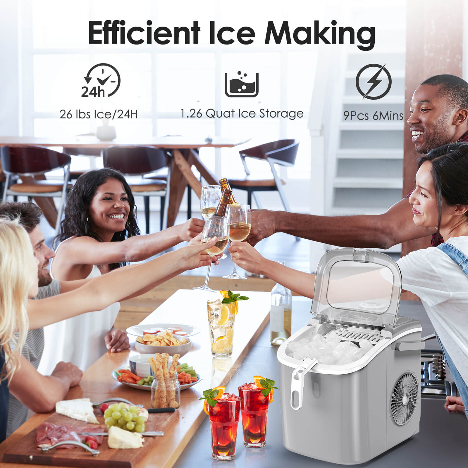 Efficient Portable Countertop Ice Maker with Handle, Rapid Bullet Ice, Self-Cleaning